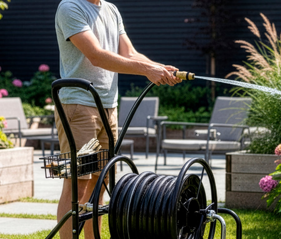 Mann bewässert mit einem Schlauch einen Garten, Schlauchwagen im Vordergrund.