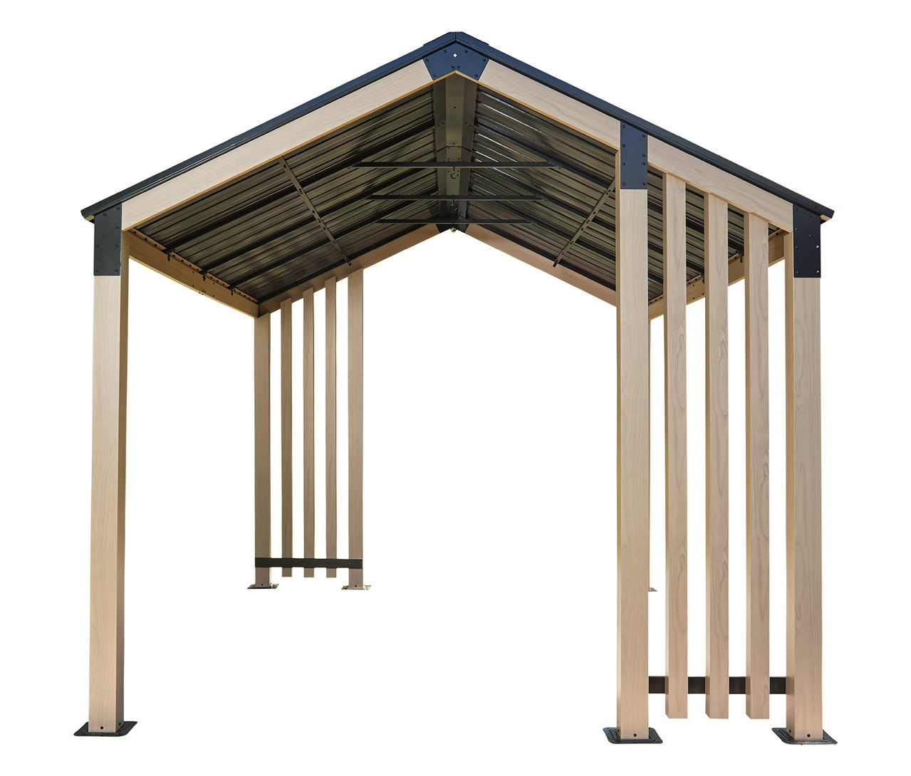 Freistehende Überdachung mit Holzpfosten und Metalldach.