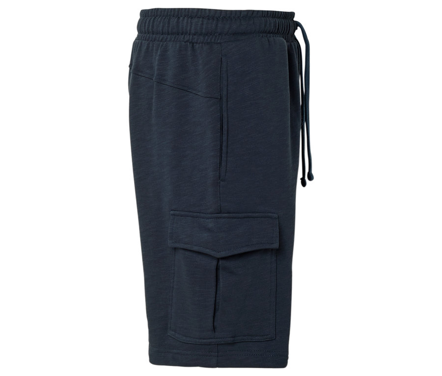 Marineblaue Cargoshorts mit Kordelzug und aufgesetzter Tasche.