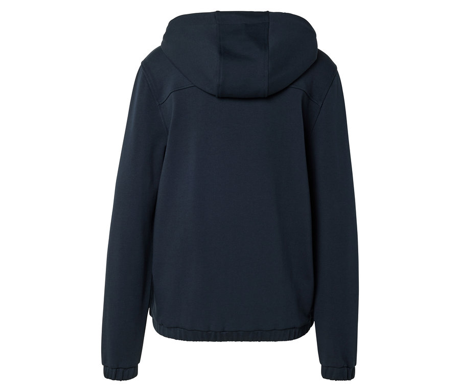 Rückansicht einer marineblauen Kapuzenjacke mit langen Ärmeln.