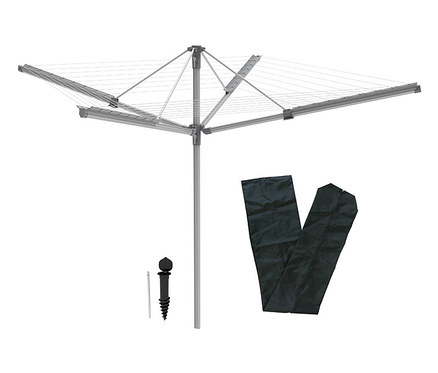 Eine silberne Wäschespinne mit Zubehör, inklusive einer schwarzen Schutzhülle und einem Erdanker.