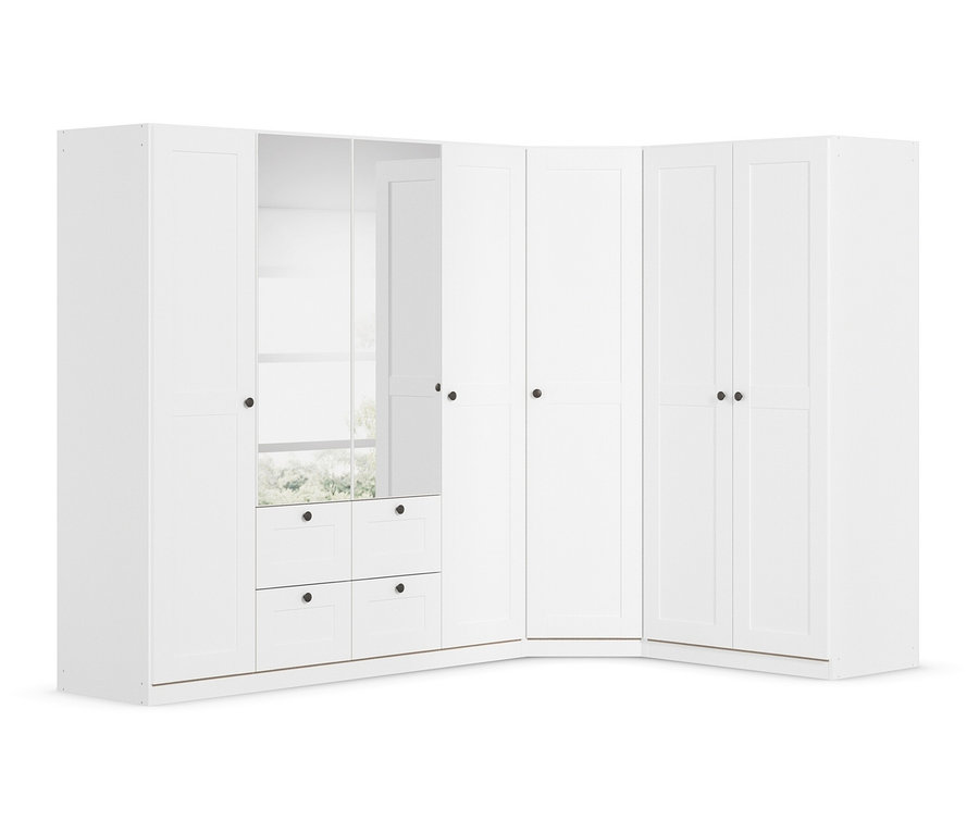 Eckkleiderschrank-Kombination in Weiß mit Türen, Schubladen und Spiegel.