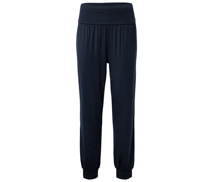 Marineblaue, lange Jerseyhose mit breitem Bund und elastischen Bündchen an den Knöcheln.