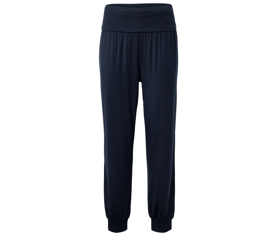 Marineblaue, lange Jerseyhose mit breitem Bund und elastischen Bündchen an den Knöcheln.