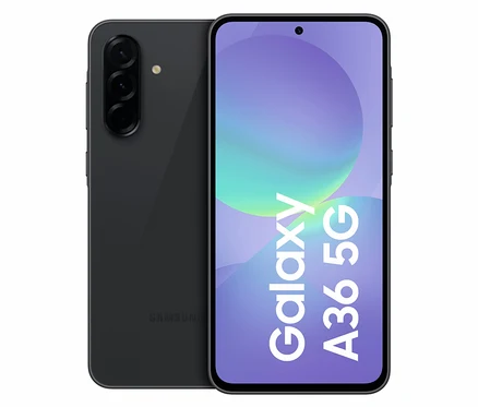Das Samsung Galaxy A36 5G 128GB in Awesome Black ist von vorn und von hinten zu sehen.