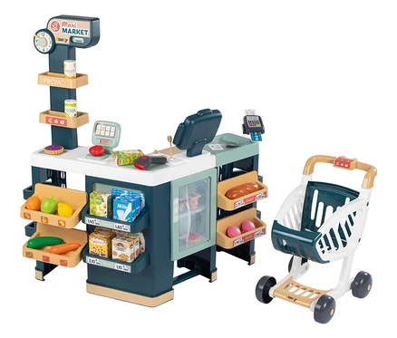 Spielzeug-Supermarkt-Set mit Kasse, Produkten und Einkaufswagen.