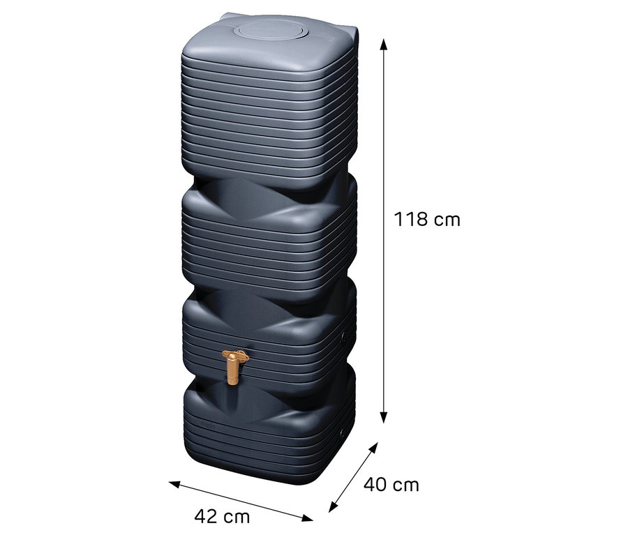Abbildung eines dunkelgrauen, hohen Regenspeichers mit den Maßen 118 cm Höhe, 42 cm Breite und 40 cm Tiefe.