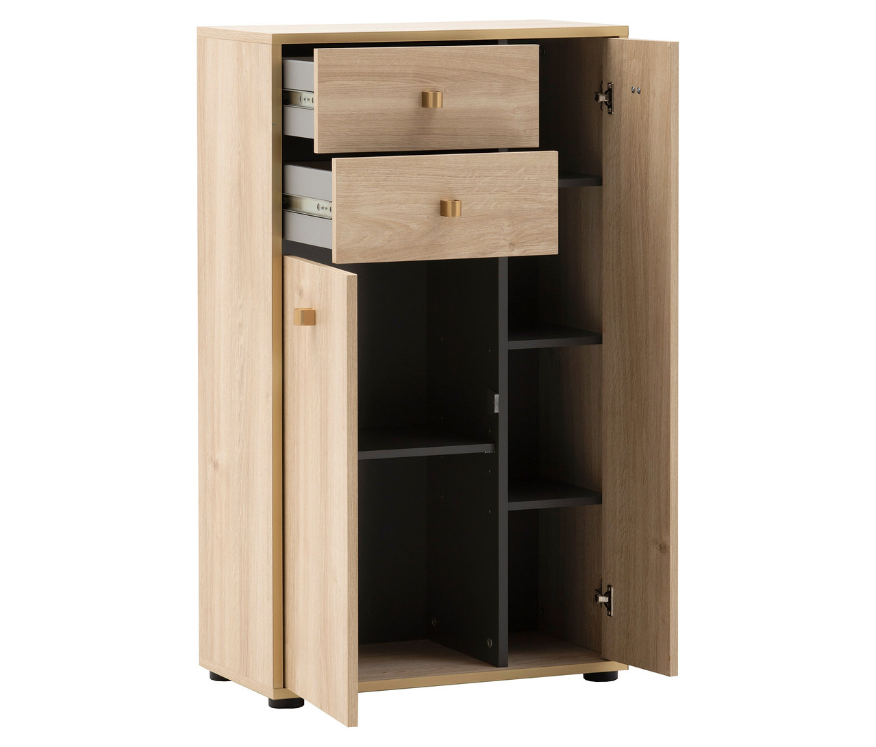 Geöffneter, hölzerner Highboard »Flora« mit zwei Schubladen und mehreren Regalen.