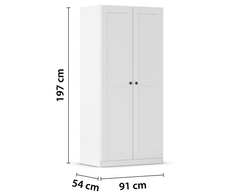 Weißer Kleiderschrank mit zwei Türen und silbernen Knöpfen, Maße: 197 cm hoch, 91 cm breit, 54 cm tief.