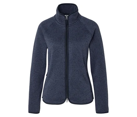 Eine dunkelblaue, melierte Fleecejacke mit durchgehendem Reißverschluss, Stehkragen und zwei Reißverschlusstaschen an den Seiten. Dunkelblaue Zierleisten akzentuieren die Ränder.