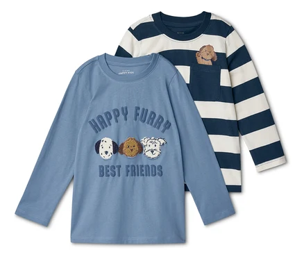 Zwei langärmlige Kinder-T-Shirts: ein blaues mit Hundemotiven und ein gestreiftes mit Hund in der Tasche.