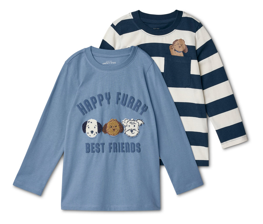 Zwei langärmlige Kinder-T-Shirts: ein blaues mit Hundemotiven und ein gestreiftes mit Hund in der Tasche.