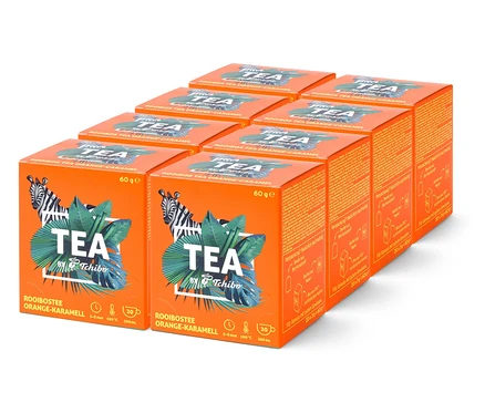 Eine Anordnung von acht orangefarbenen Tee-Boxen mit der Aufschrift "TEA by Tchibo Rooibostee Orange-Karamell".