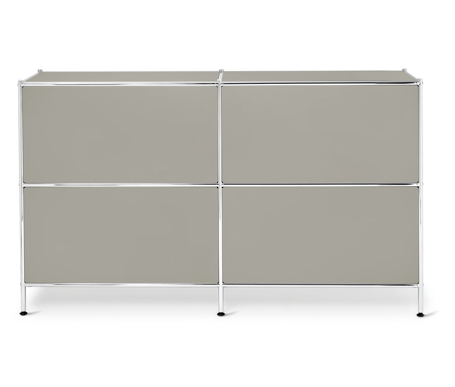 Grauer Schrank mit vier Fächern und silbernem Rahmen.