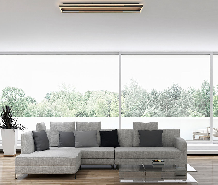 Modernes Wohnzimmer mit hellgrauem L-förmigem Sofa, einem Glastisch und einer hohen Pflanze. Eine rechteckige Deckenleuchte erhellt den Raum mit großen Fenstern und Waldblick.