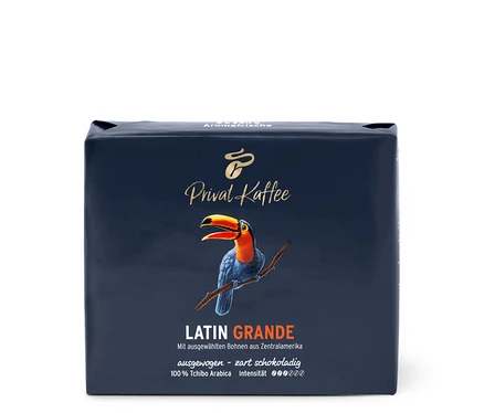 Verpackung Privat Kaffee Latin Grande, mit einem Tukan darauf.