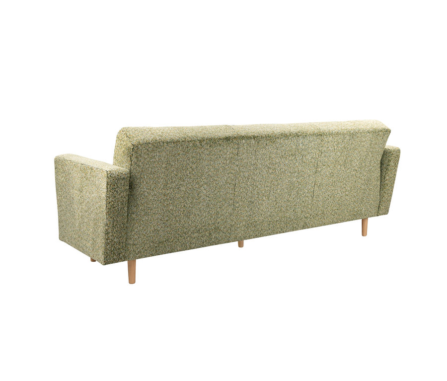 Rückansicht des hellgrünen 3-Sitzer Schlafsofas Janny mit Holzfüßen.