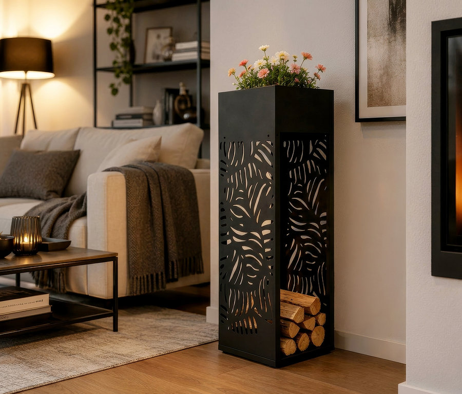 Ein schwarzes Metallregal mit Blättermuster, oben mit rosa und weißen Blumen und unten mit Holzscheiten, steht in einem Wohnzimmer mit hellem Sofa und Couchtisch.