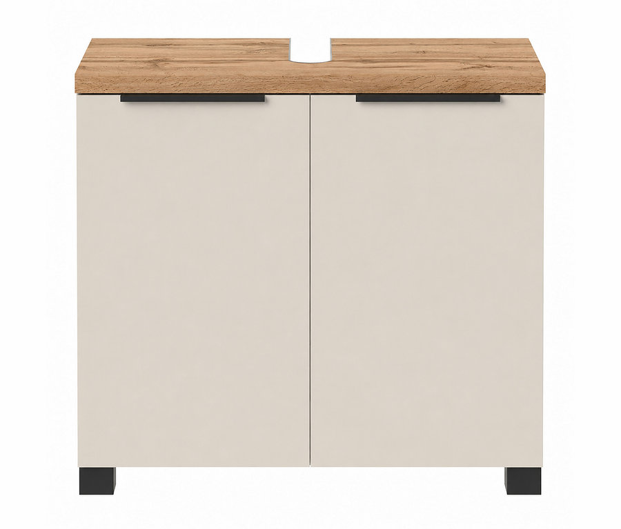 Ein hellbeiger Badezimmerschrank mit zwei Türen, einer hellen Holzoptik-Arbeitsplatte mit mittigem Ausschnitt, schwarzen Griffen und kurzen schwarzen Füßen.