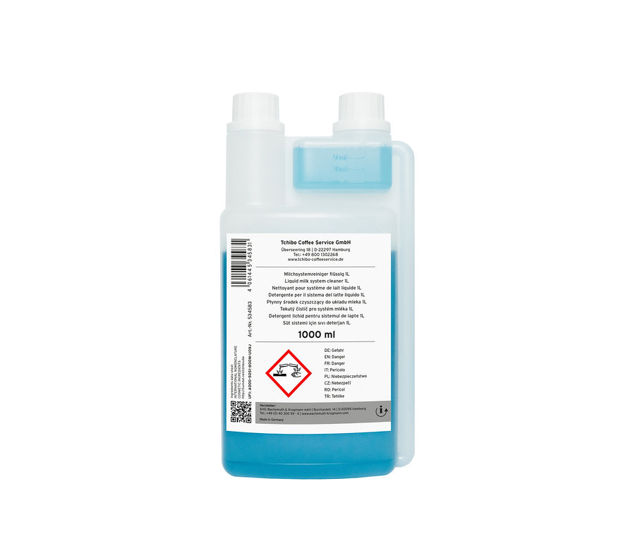 Vorderansicht einer Flasche flüssigen Milchsystemreinigers 1L.