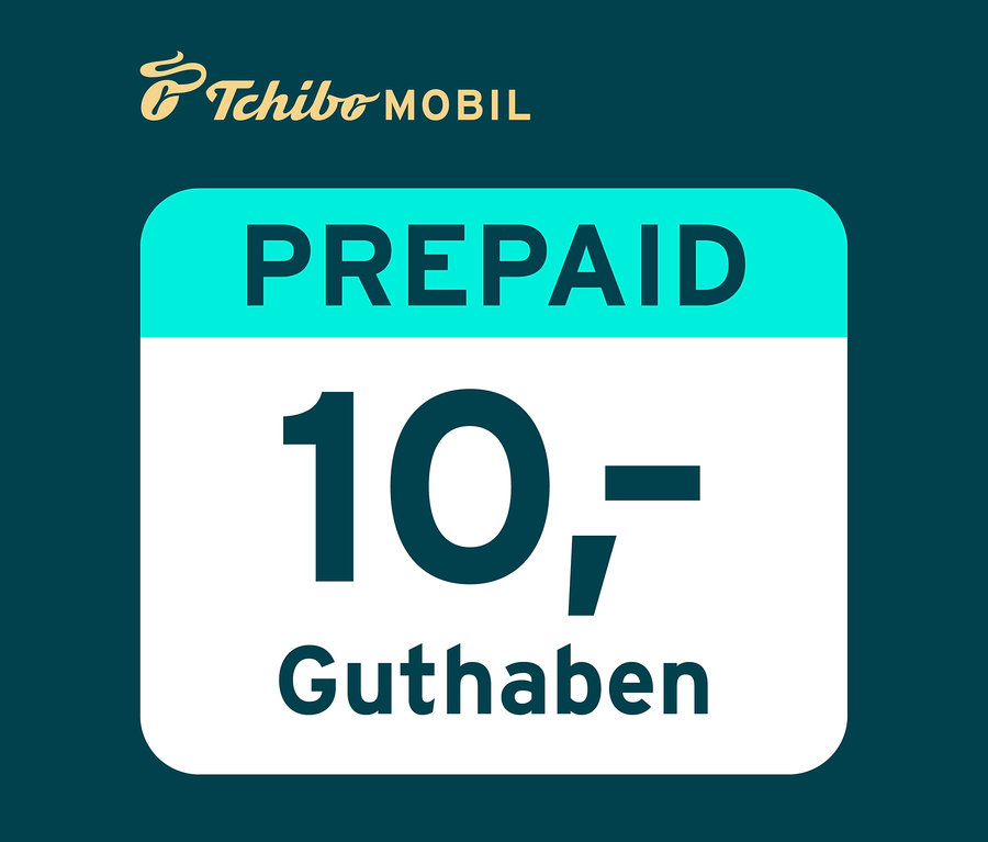 Tchibo Mobil Logo über einem 10 € Guthabenvoucher auf weißem Hintergrund.
