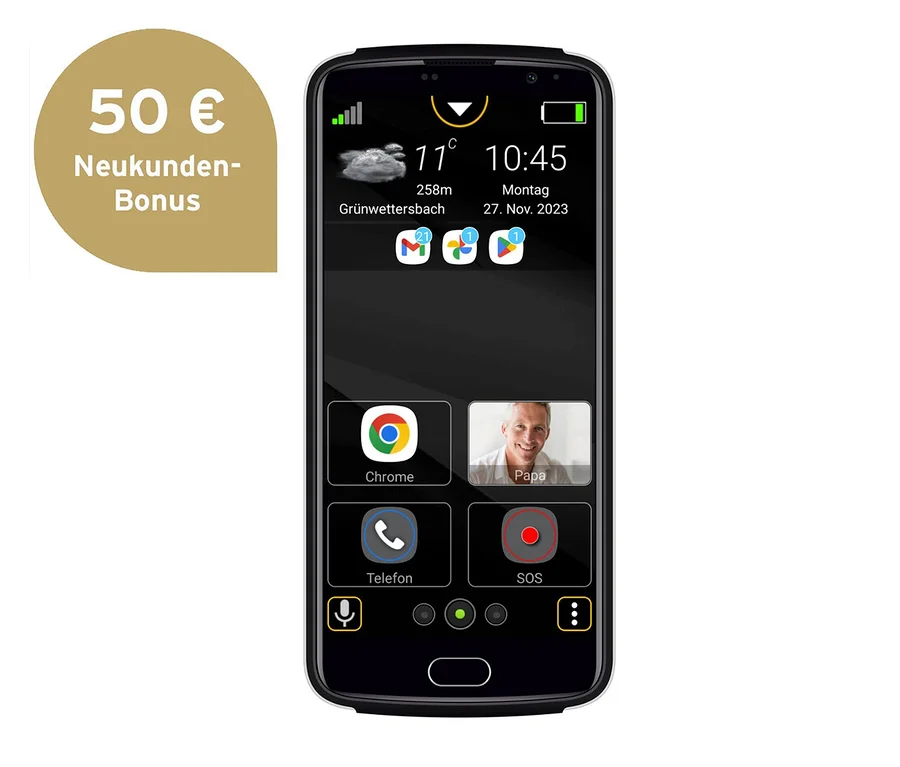 Schwarzes Bea-fon M7 lite Smartphone mit App-Symbolen auf dem Bildschirm.