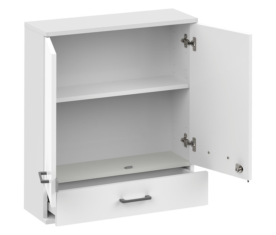 Mattweißer Medizinschrank »Galeno« mit zwei geöffneten Türen, einem Regal und einer teilweise geöffneten Schublade.