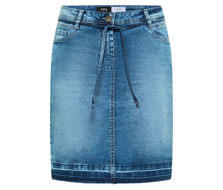 Blauer CECIL Jeansrock mit Kordelzug in der Taille, Knopfverschluss, Vordertaschen und einem leicht dunkleren Saum.