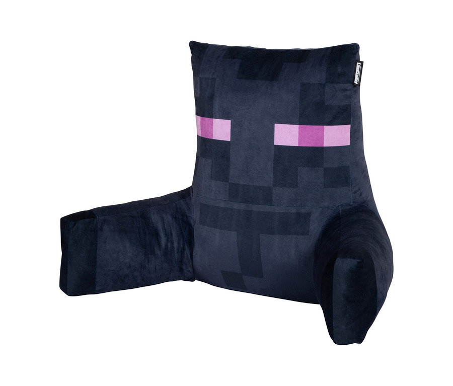 Dunkelgraues Plüsch-Rückenstützkissen in Form eines pixeligen Minecraft Enderman, mit zwei horizontalen violetten Pixelaugen.