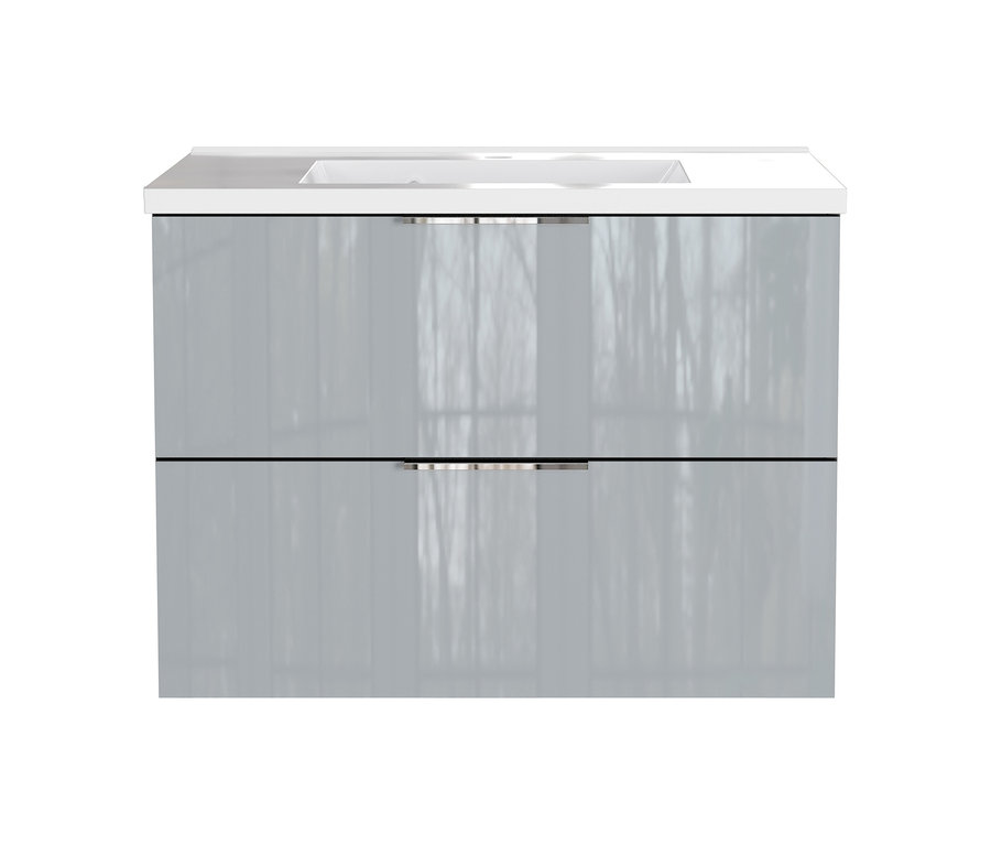 Waschtisch »Celano« graphit-silbergrau, 81 cm, mit integriertem Becken und zwei glänzenden Schubladen mit Chromgriffen.