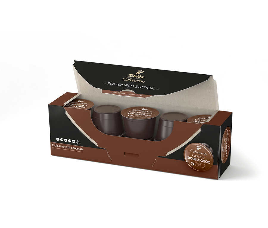 Geöffnete Packung Cafissimo Flavoured Espresso Double Choc Kapseln, mit Kapseln in der Packung.