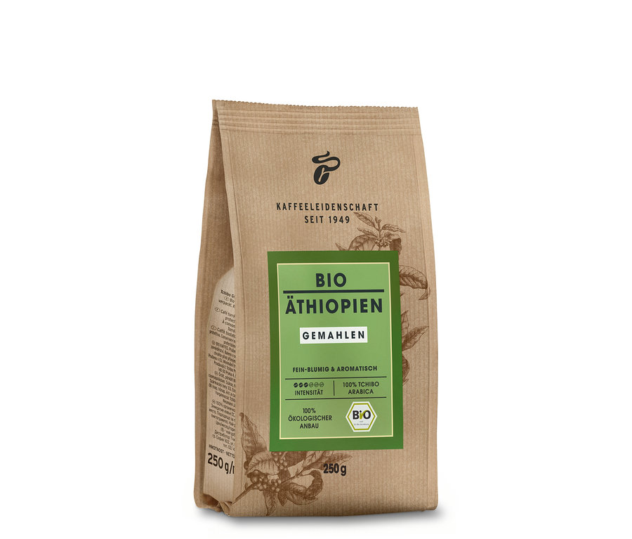 Eine 250 g Packung Bio Äthiopien Gemahlen Kaffee.