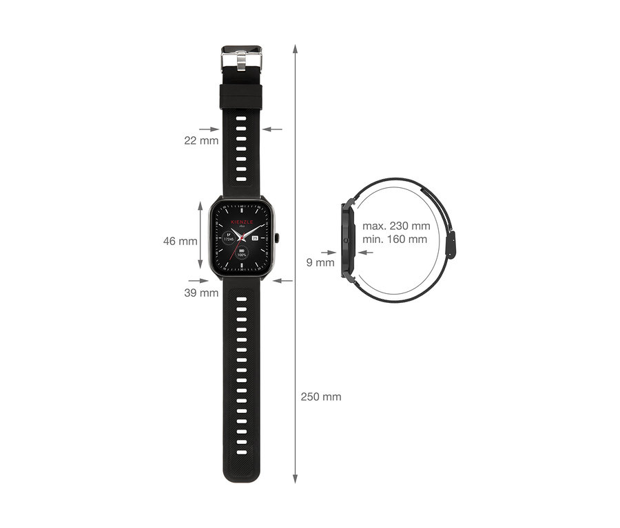 Schwarze Kienzle Smart Slim Uhr mit rechteckigem Zifferblatt und schwarzem Armband, daneben Maße wie 46x39 mm Gehäuse, 250 mm Armbandlänge und 160-230 mm Handgelenkumfang.