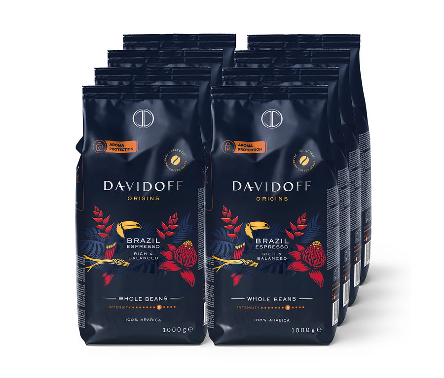 Eine Gruppierung von acht Packungen DAVIDOFF CAFÉ ORIGINS Brazil - 8x 1000 g Ganze Bohne.