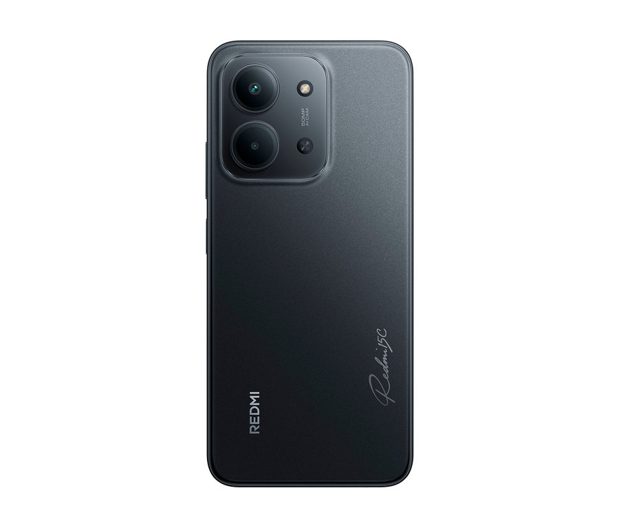 Rückseite eines Xiaomi Redmi 15C Midnight Black Smartphones mit dunkelgrauer, texturierter Oberfläche. Es zeigt ein Kameramodul mit zwei großen Linsen und dem Text '50MP AI CAM', sowie die Logos 'REDMI' und 'Redmi 15C'.