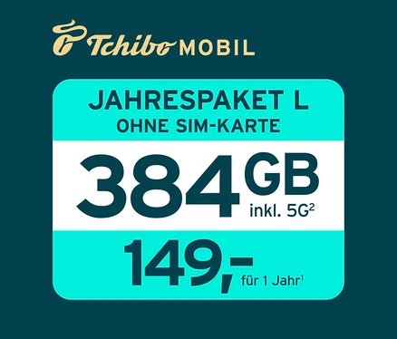 Tchibo Mobil Werbung für Jahrespaket L mit 216 GB ohne SIM-Karte für 149 Euro.
