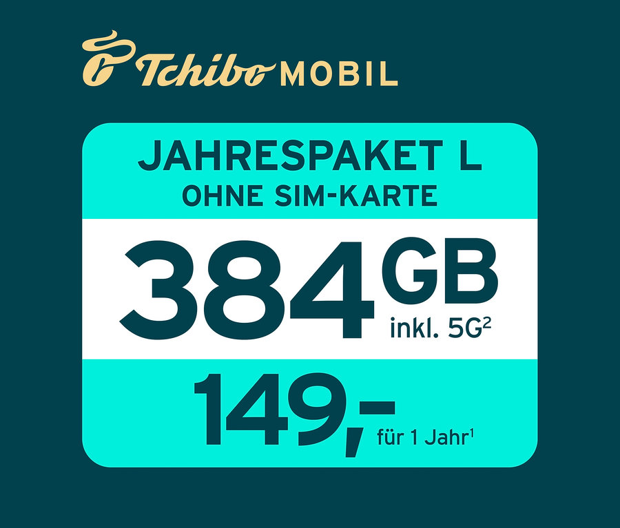 Tchibo Mobil Werbung für Jahrespaket L mit 216 GB ohne SIM-Karte für 149 Euro.