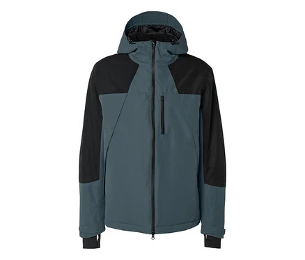 Dunkelgraublaue und schwarze Kapuzenjacke mit durchgehendem Reißverschluss und einer Reißverschlusstasche auf der Brust, auf weißem Hintergrund.