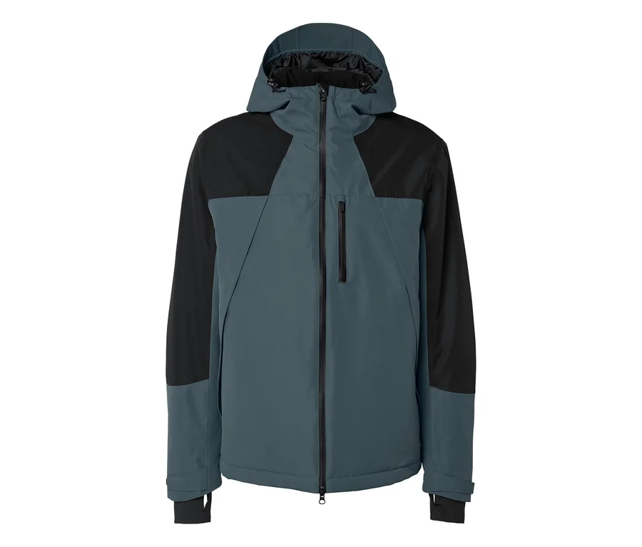 Dunkelgraublaue und schwarze Kapuzenjacke mit durchgehendem Reißverschluss und einer Reißverschlusstasche auf der Brust, auf weißem Hintergrund.