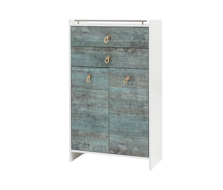 Weißes Sideboard mit drei Schubladen und Türen mit blau-grauem Holzdekor. Breites Highboard »Sailor«