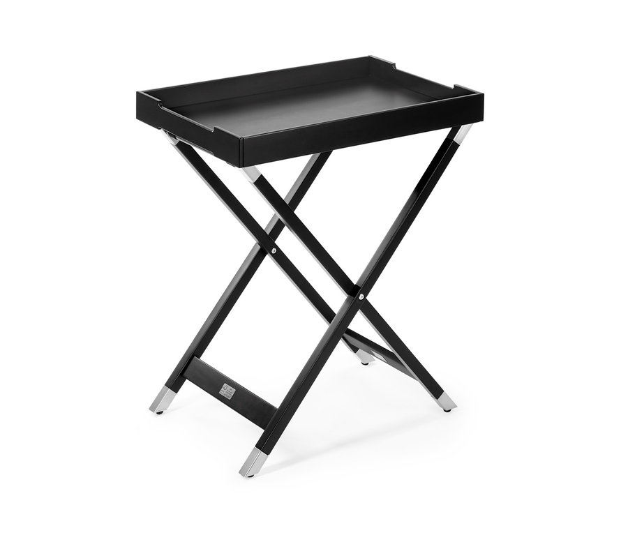 Schwarzer Tabletttisch mit abnehmbarem Tablett.