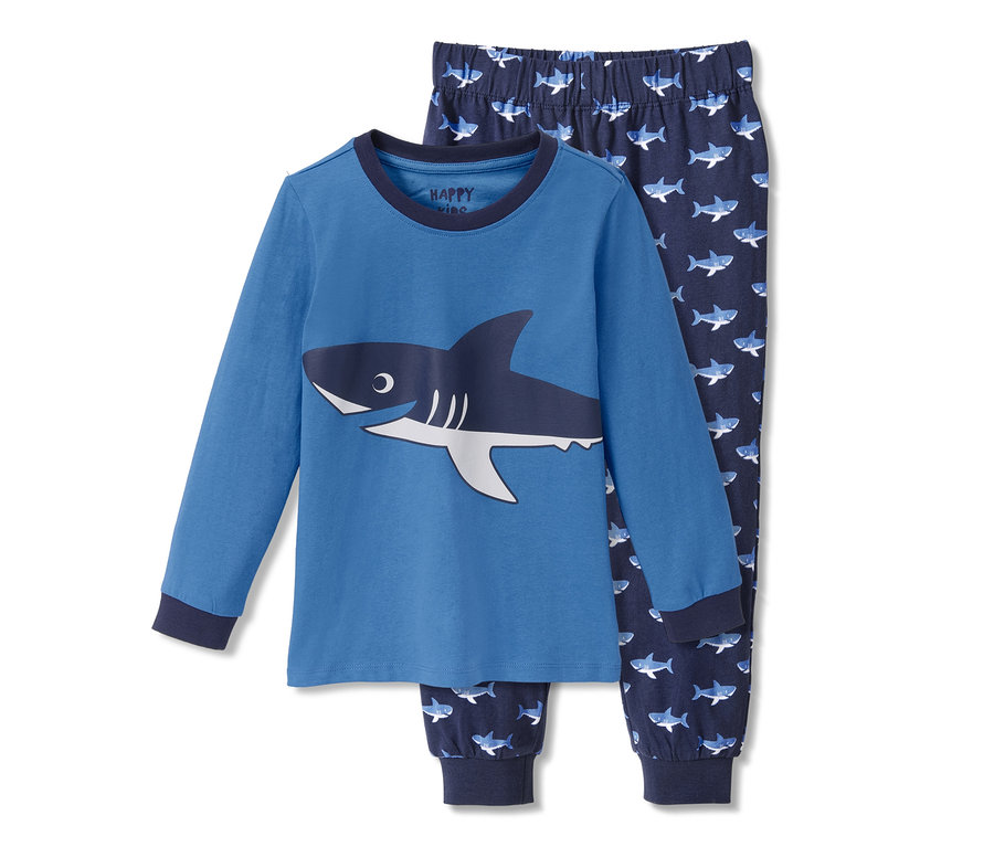 Blauer Pyjama mit Hai-Print-Langarmshirt und Hai-Print-Hose.