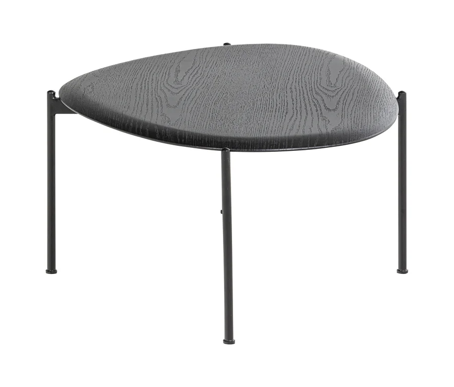 Dunkler, tropfenförmiger Tisch mit sichtbarer Holzmaserung und drei schlanken schwarzen Metallbeinen.