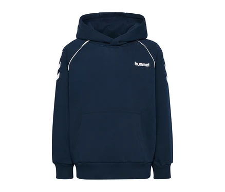 Dunkelblauer hummel loose Chevron Hoodie mit weißer Paspelierung an den Schultern, Chevron-Streifen an den Ärmeln und einer Kängurutasche.