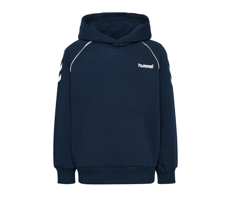 Dunkelblauer hummel loose Chevron Hoodie mit weißer Paspelierung an den Schultern, Chevron-Streifen an den Ärmeln und einer Kängurutasche.