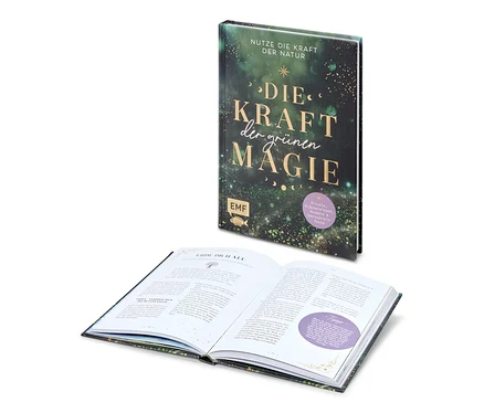 Ein aufgeschlagenes Buch liegt vor einem stehenden Buch mit dem Titel 'Die Kraft der grünen Magie'.