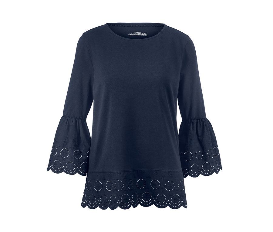 Marineblaues Halbarmshirt mit Volant und Lochstickerei.