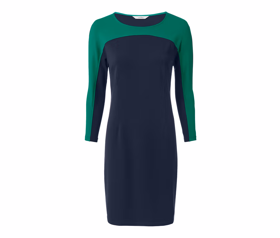 Dunkelblaues Jerseykleid mit langen, grünen Ärmeln.