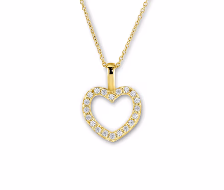 Goldkette mit herzförmigem Anhänger und Diamanten auf weißem Hintergrund.