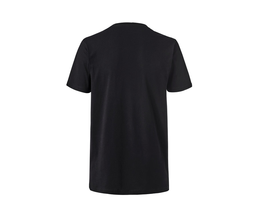 Ein schwarzes T-Shirt mit kurzen Ärmeln und Rundhalsausschnitt.